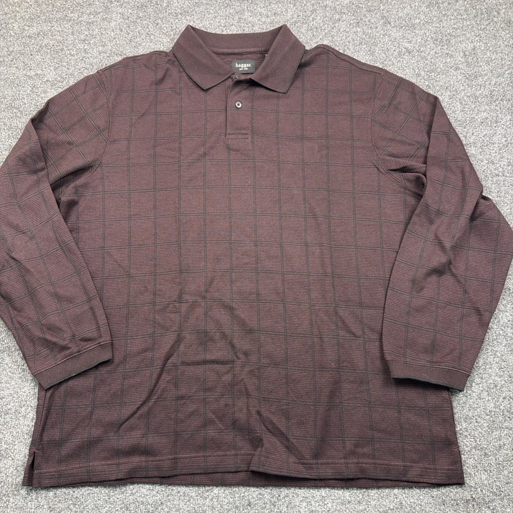 Haggar Men's XL Long Sleeve Polo Burgundy Windowpane Check Dad Golf Shirt